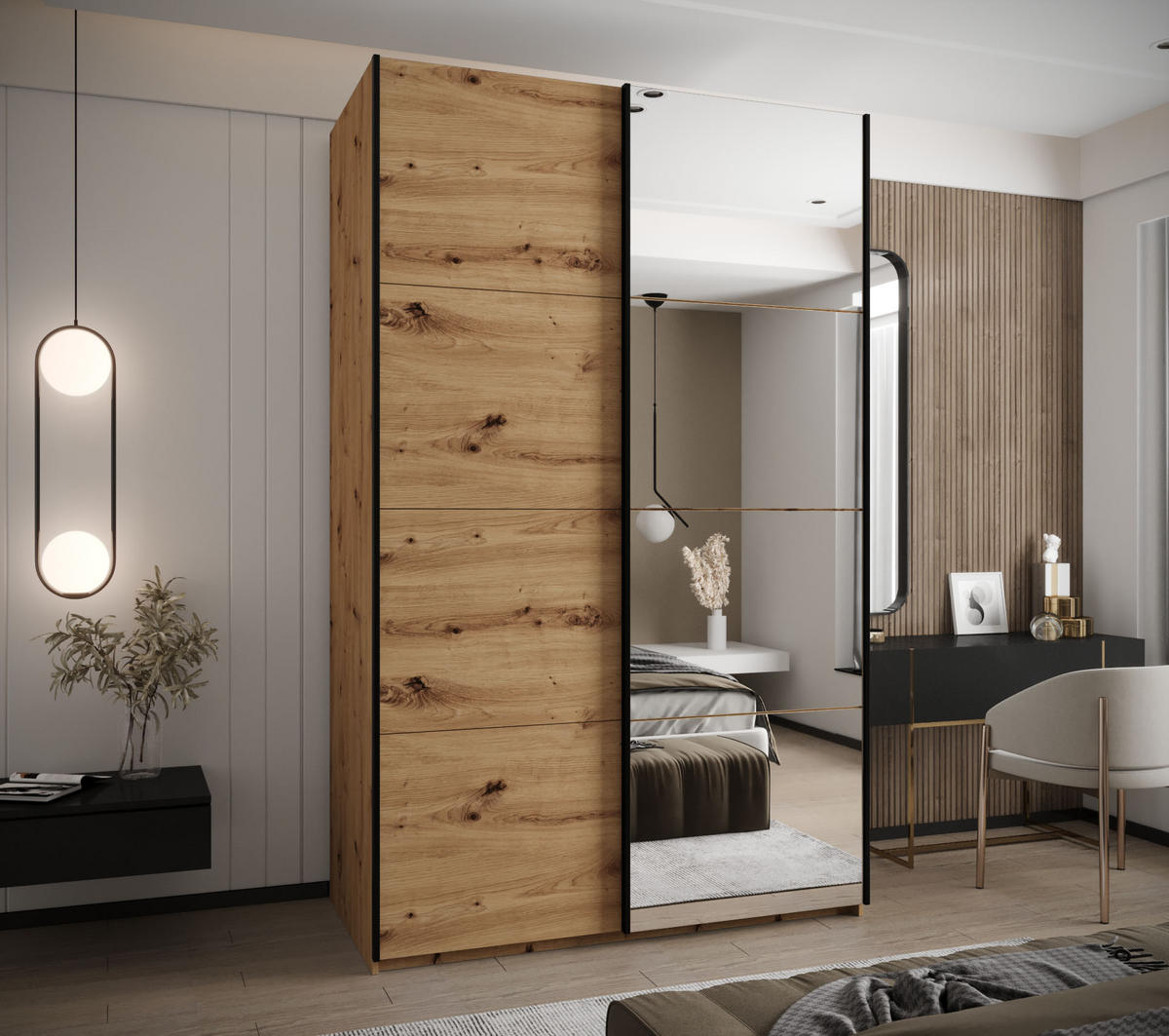 SCHWEBETÜRENSCHRANK 245,5/160/64 2-türig - Schwarz/Eiche Artisan, Holz/Metall (160/245/64cm) - Abiks Möbel