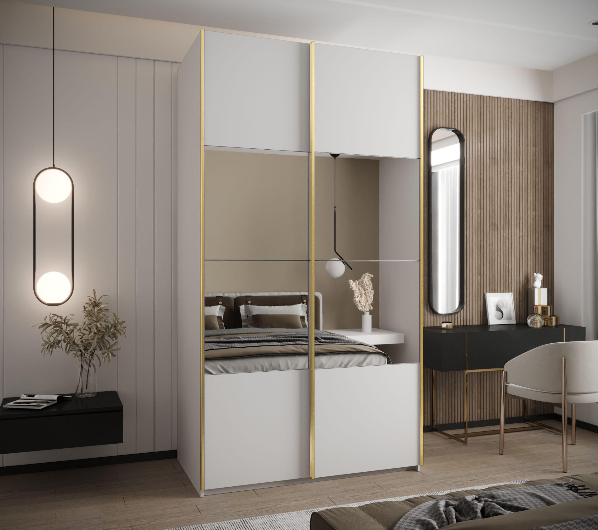 SCHWEBETÜRENSCHRANK 245,5/160/64 2-türig - Goldfarben/Weiß, Holz/Metall (160/245/64cm) - Abiks Möbel