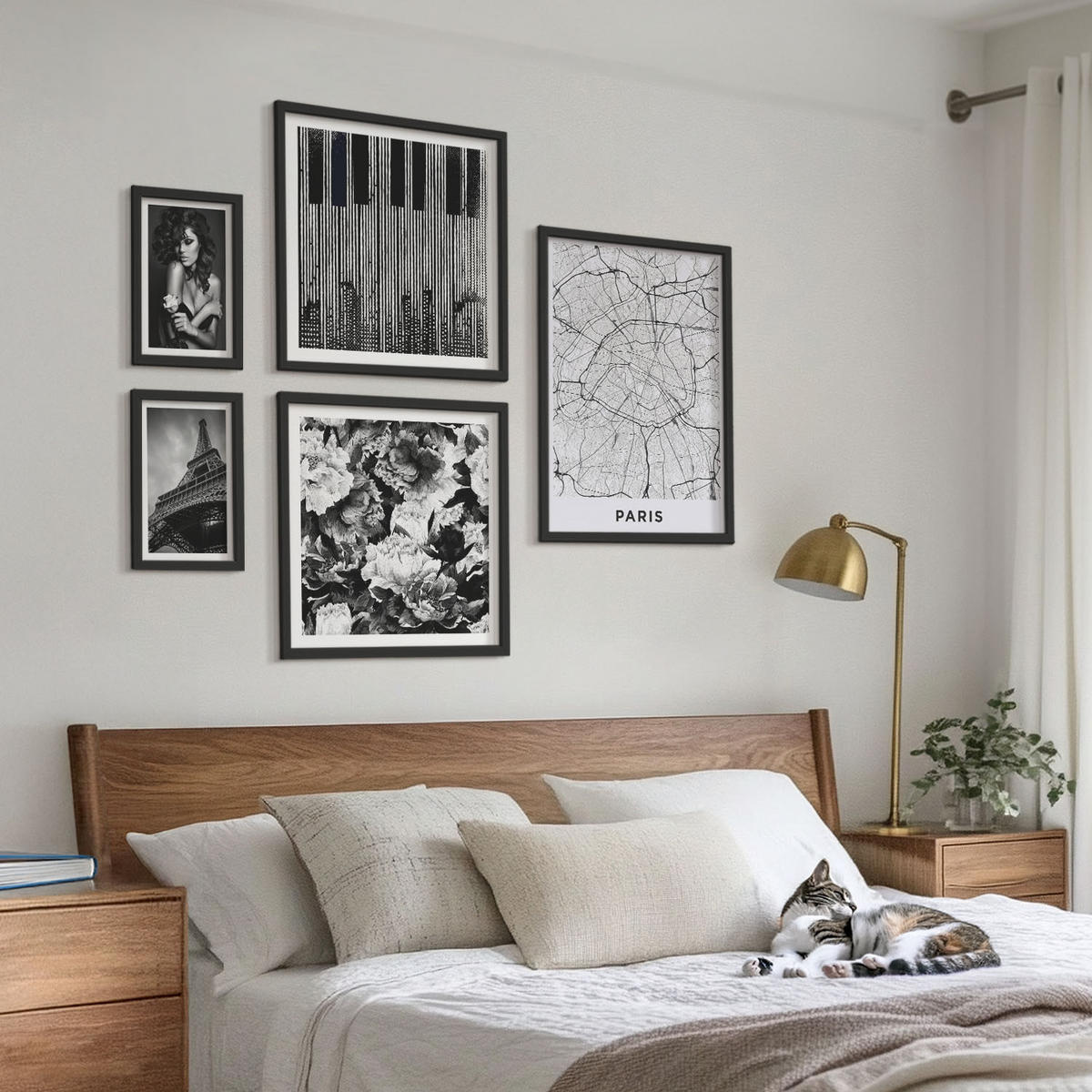 WANDBILDER 5er-Set - 50x50 cm & 20x30 cm & 40x60 cm Schwarzer Rahmen - Porträt einer Frau mit einer Eiffel-Rose - Schwarz, Kunststoff (40/60cm) - ArtPrintCave