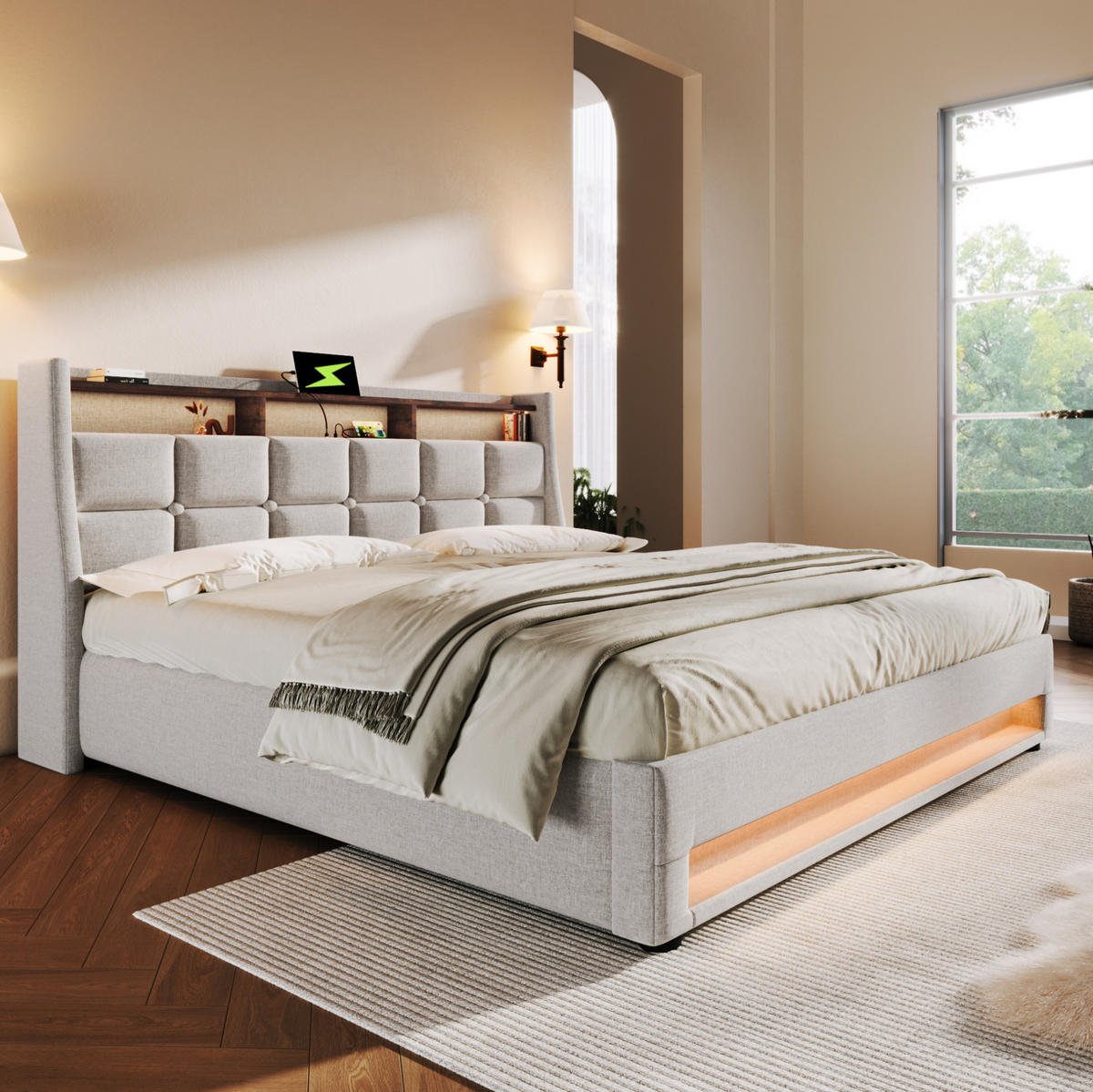 POLSTERBETT mit Stauraum, USB und LED 180x200 cm Beige - Beige, Metall (180/200cm) - Meubliv