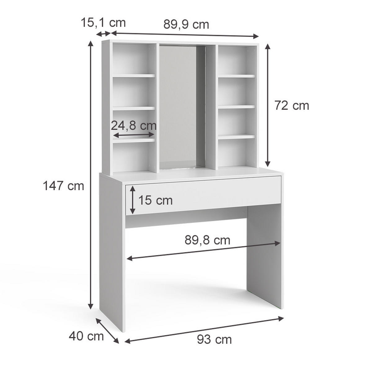 SCHMINKTISCH Alexa Weiß 93 cm mit Spiegel - Weiß, Holzwerkstoff (93/147/40cm) - Vicco