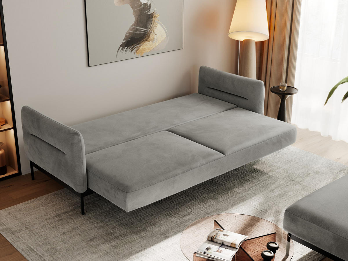 SCHLAFSOFA SALENTO Hellgrau Velvet - Hellgrau/Schwarz, Textil/Metall (221/82/193cm) - MKS
