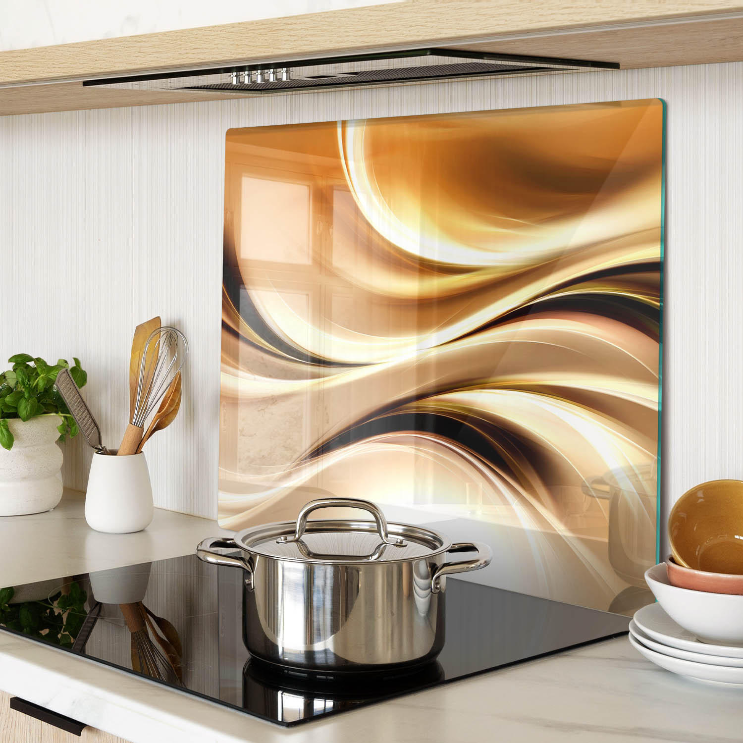 GLASPLATTE 60x52 cm Abstrakte Wellen - Goldfarben, Glas (60/0.4/52cm) - TULUP