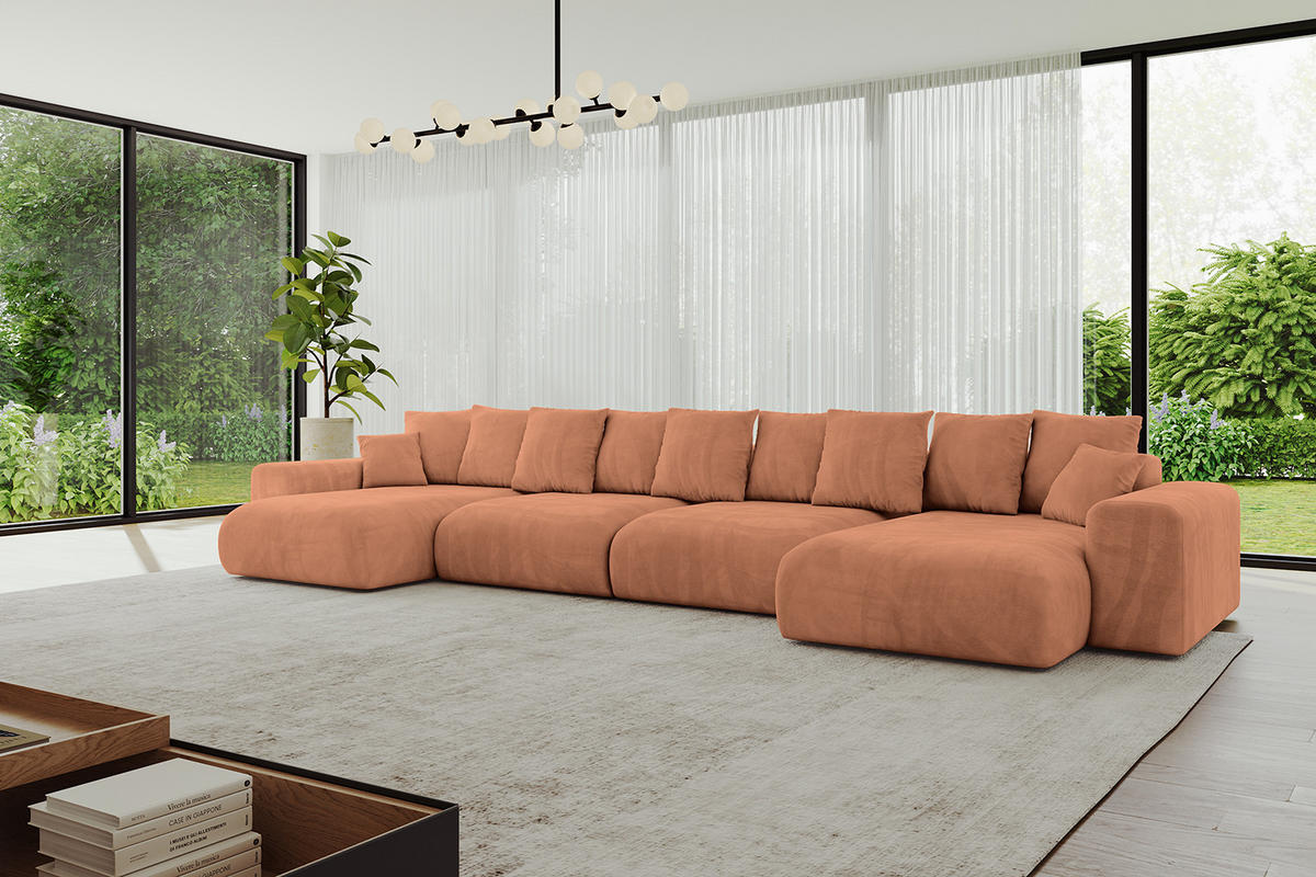 WOHNLANDSCHAFT mit Schlaffunktion ESKAR-U2-464x176x84cm Apricot - Koralle, Holzwerkstoff/Kunststoff (176/72/464cm) - ALTDECOR