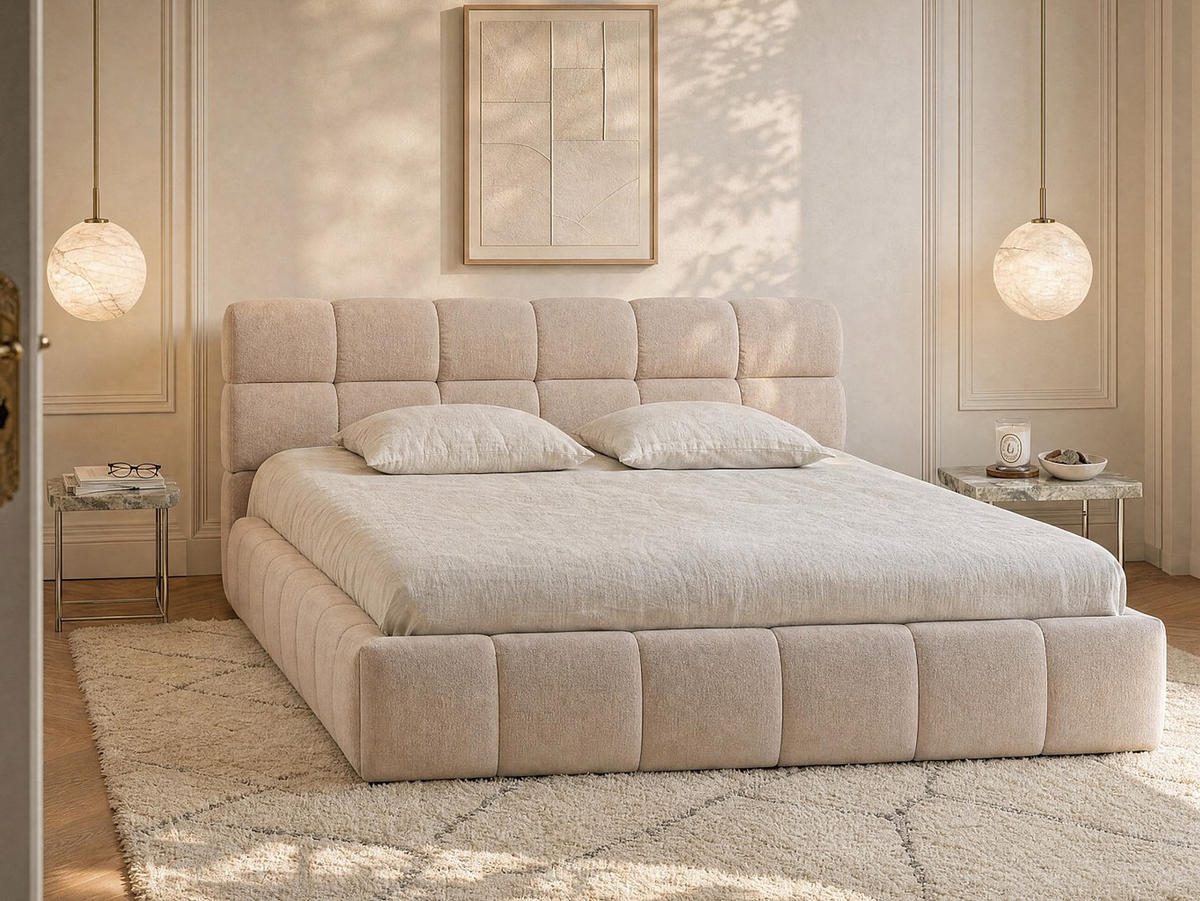 BETT mit Bettkasten - 2 Personen - Stoff - Beige - - Beige, Textil (200/200cm) - Vente-Unique