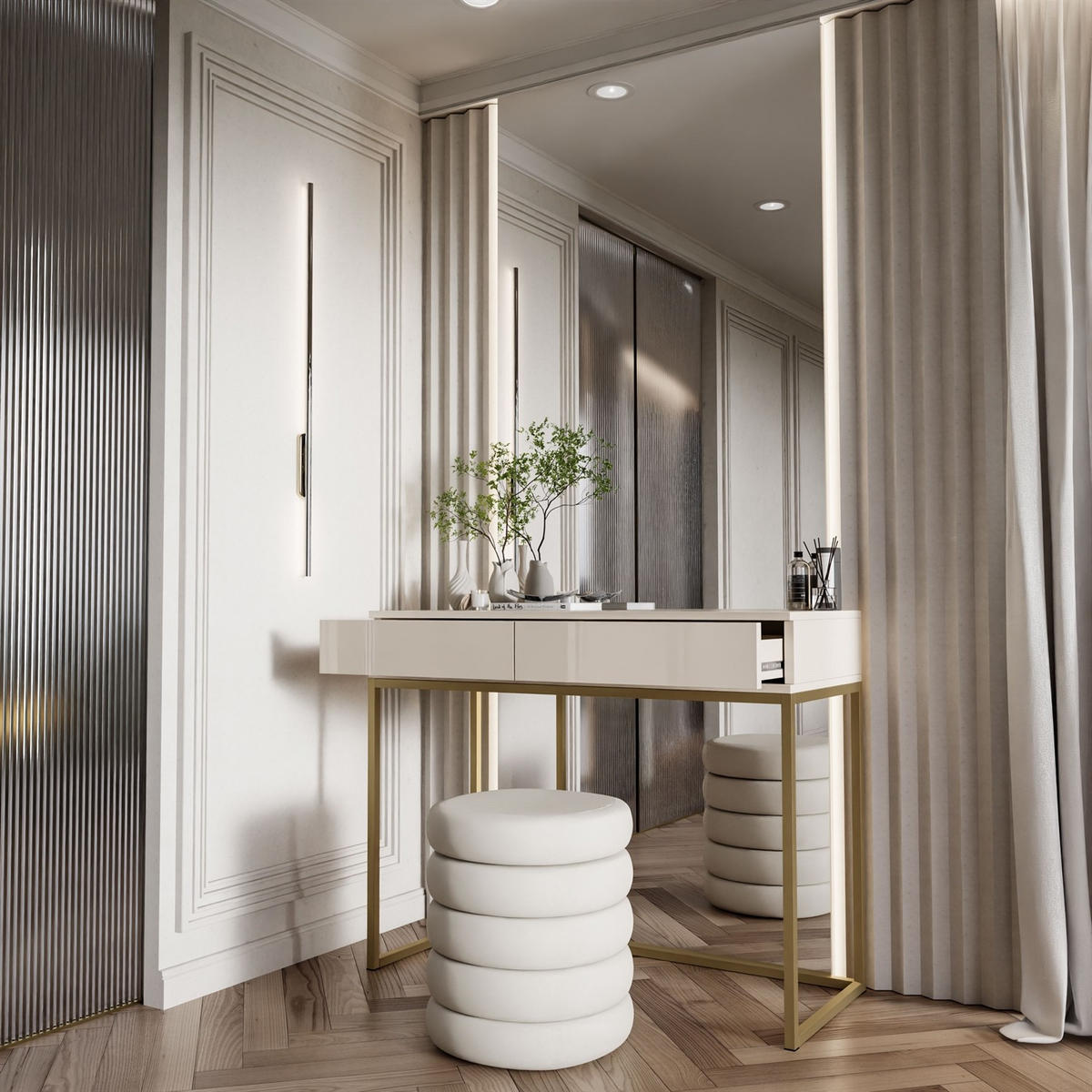 KONSOLE Glamour auf goldenem Gestell PUSH OPEN - Kaschmir/Goldfarben, Holzwerkstoff (100/81/42cm) - Lookway