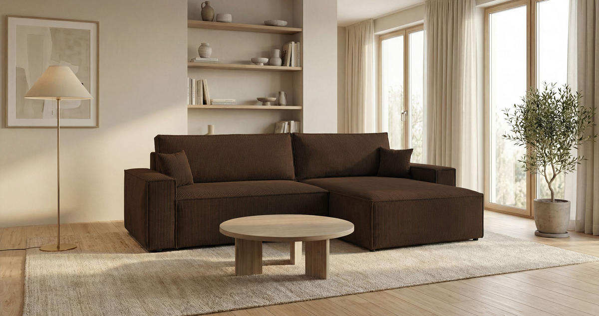 ECKSOFA VIENNA rechts braun Cord Poso 6 - Schlaffunktion, Bettkasten - Braun, Textil (285/184cm) - Cornero