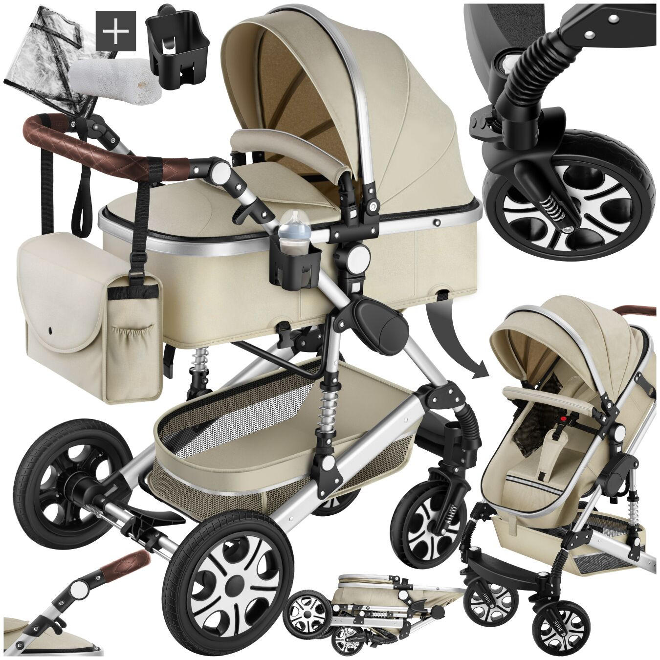 KOMBI-KINDERWAGEN Mats,für 0 bis 36 Monate geeignet, Belastbarkeit 15 kg,grau/beige - Beige/Grau, Kunststoff (100/63/120cm) - tectake