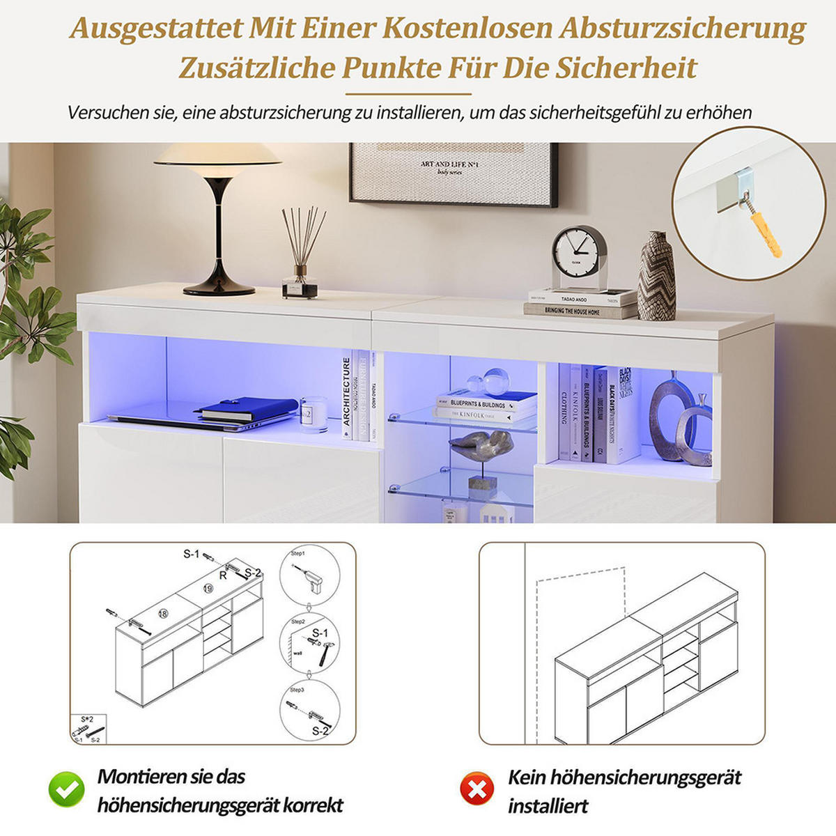 SIDEBOARD mit LED in 155.5 x 35 x 72 cm,Weiß - Weiß, Holzwerkstoff (35/72/155.5cm) - KOMHTOM