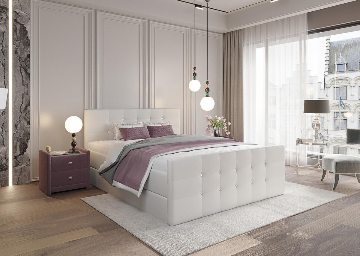BOXBETT Paris Weißes Kunstleder 160x200 cm Bettkasten + Topper - Weiß, Leder/Holz (160/200cm) - Comfortic