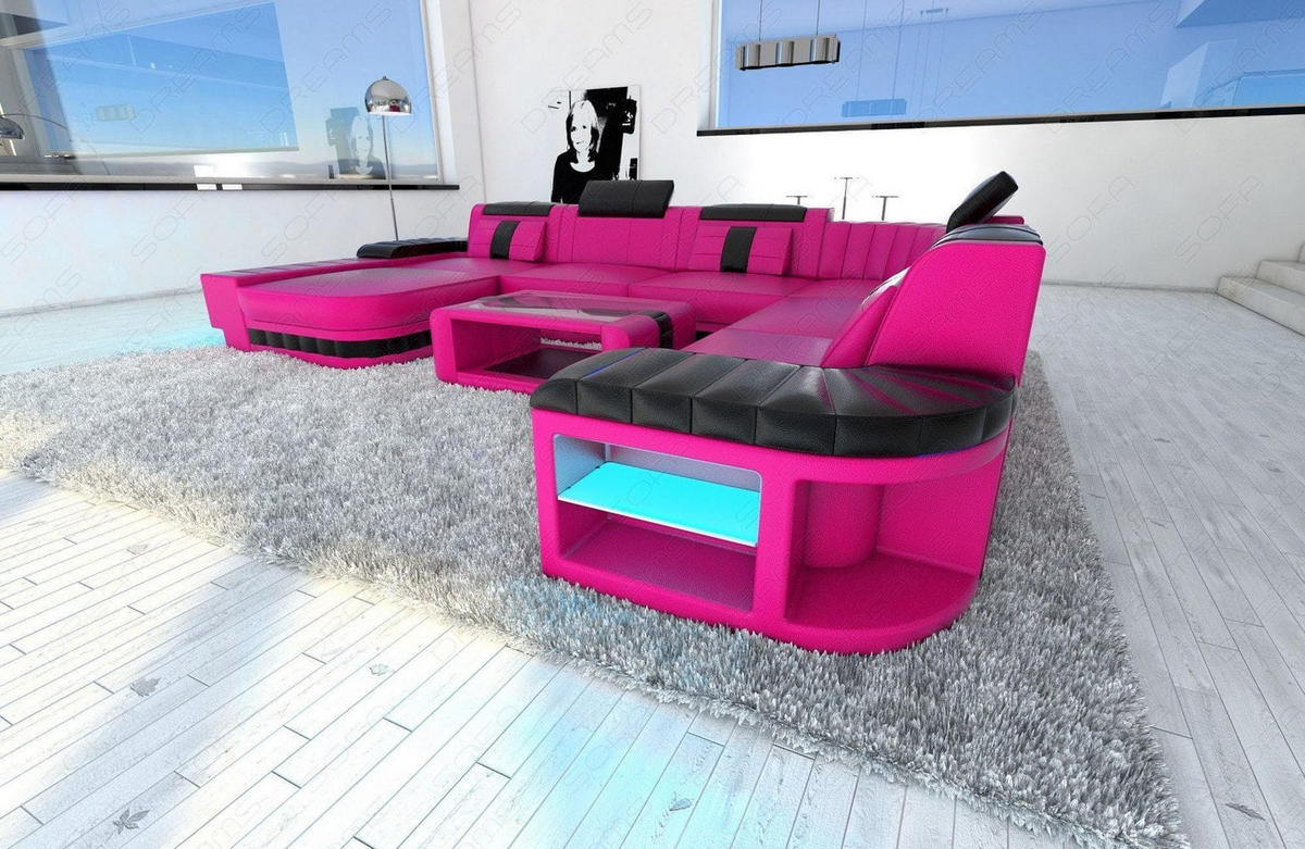 WOHNLANDSCHAFT Bellagio Pink Schwarz Kunstleder - Pink, Textil (362/80/287cm)