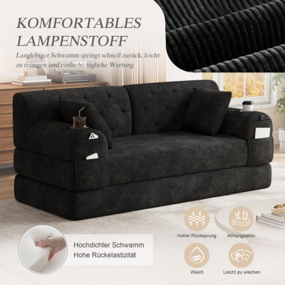 SCHLAFSOFA mit Metallrahmen schwarz 168×80×81 cm aus Cordstoff - Schwarz, Textil (80/81/168cm) - Luhomfu