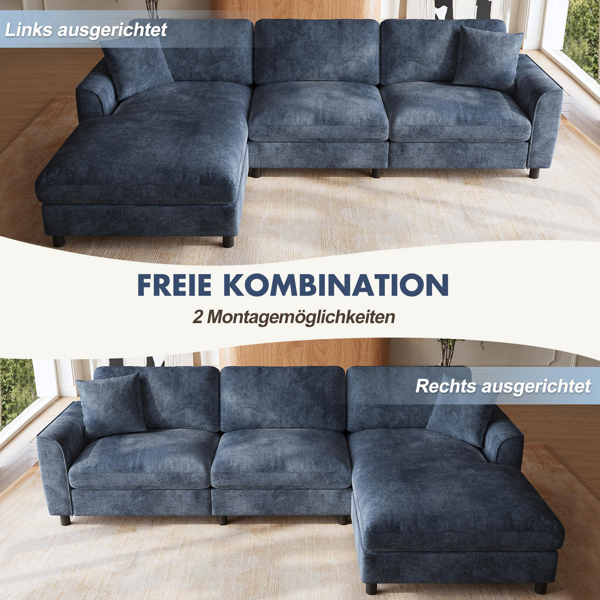 ECKSOFA 256/137/79 cm Blau mit umstellbarer Liegeelement - Blau, Textil/Metall (256/137cm) - Oxeza
