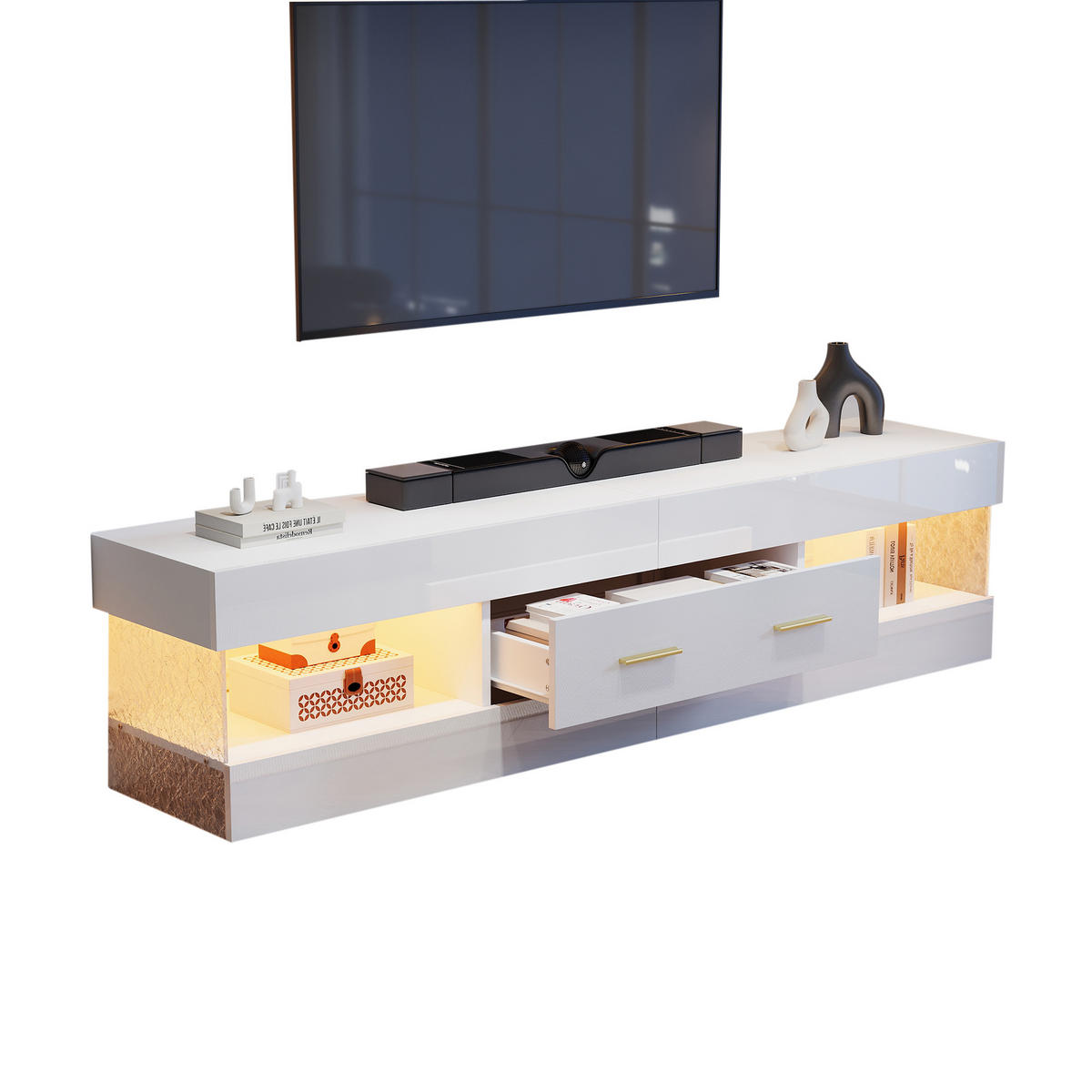 TV-ELEMENT152X35X40CM Weiß Lowboard mit App-gesteuerter LED-Beleuchtung - Weiß, Holz (46.71/18.21/89cm) - Raelunyi
