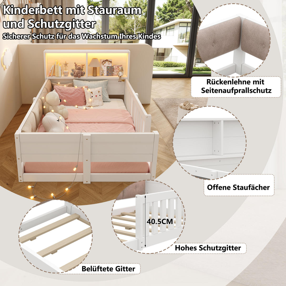 FLACHBETT 90x200cm Gitter Kinderbett LED Weiß - Weiß, Holzwerkstoff (90/200cm) - FLIEKS