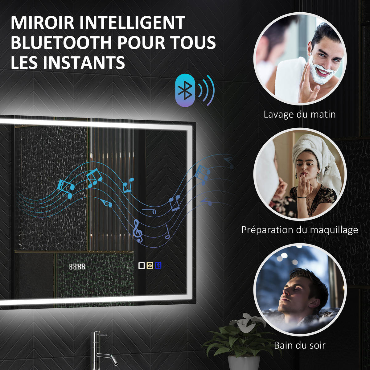 BADSPIEGEL -LEDmit Bluetooth, Touch-Schalter, Antibeschlag, 60 x 80 cm , silber - Silberfarben, Glas (80/60/3.5cm) - Vallsero