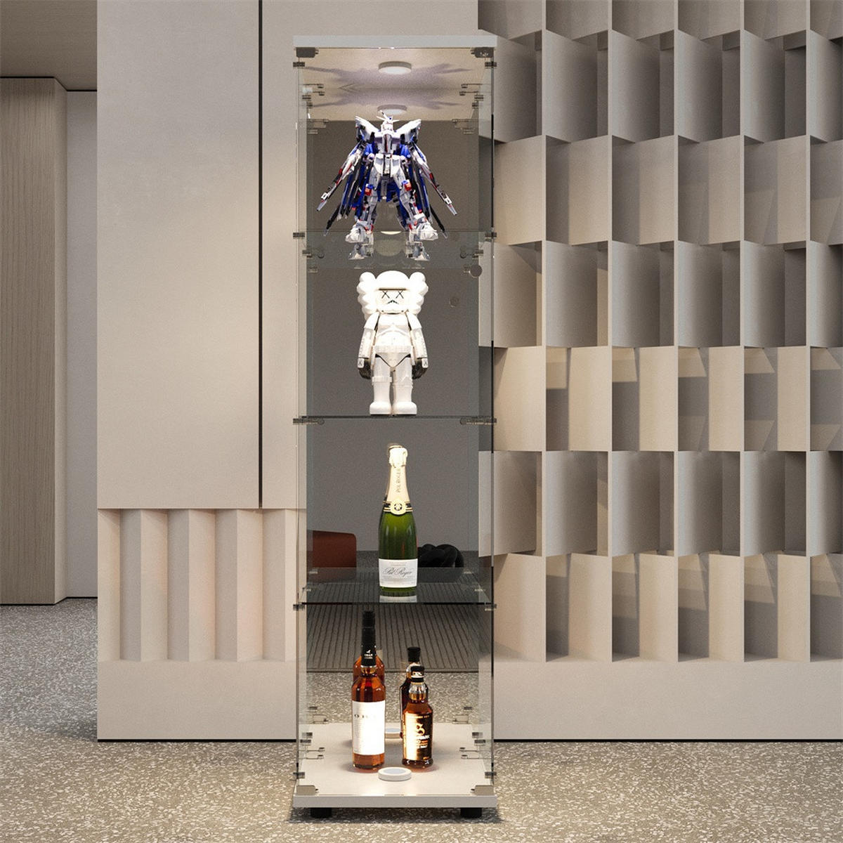 VITRINE - Glasvitrine mit 4 Ebenen - integrierte LED-Beleuchtung - Weißer Holzboden - Weiß, Glas (42.5/164/36.5cm) - DELFA