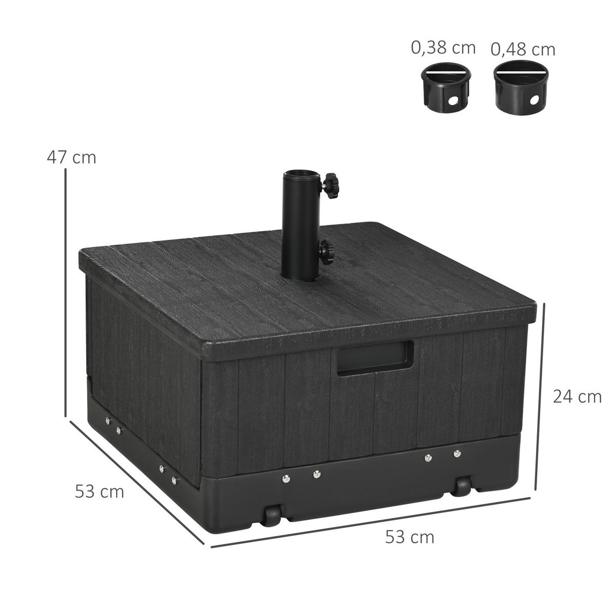 SONNENSCHIRMSTÄNDER mit Griff, Rollen, Hochbeet, bis 80 kg Sand befüllbar für Ø38/48 mm Schirmstangen Schwarz - Schwarz, Kunststoff (53/53cm) - Outsunny