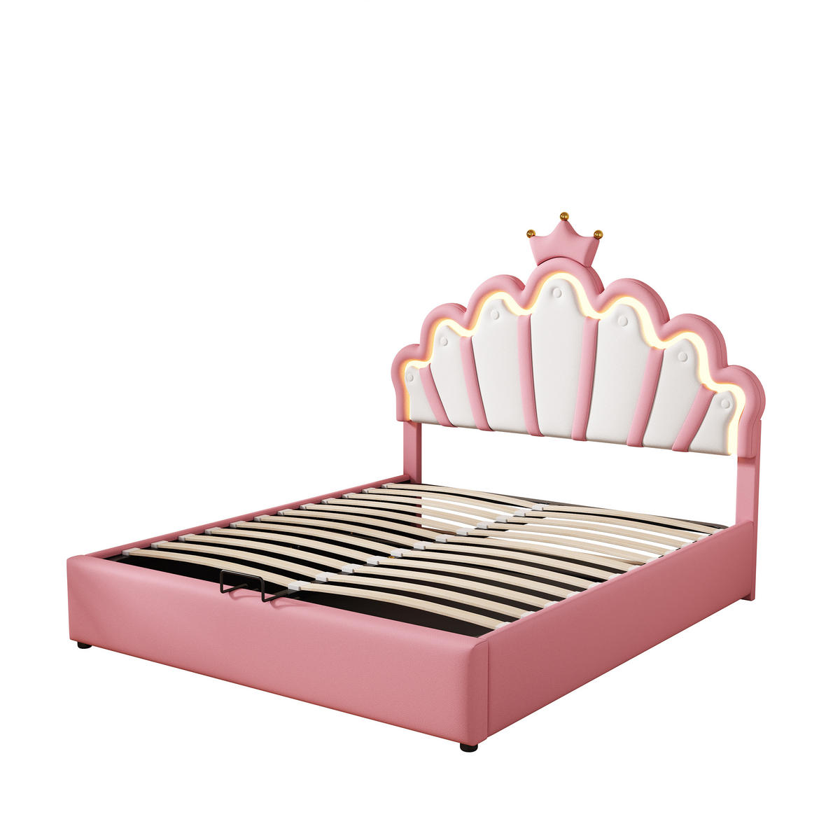 FLACHBETT 140x200cm Rosa Polsterbett Prinzessinnenbett LED Kronenleiste - Pink, Holz (140/200cm) - FLIEKS