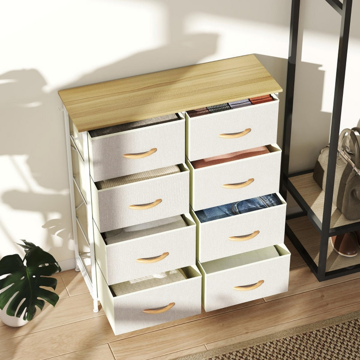 KOMMODE aus Stahl 30x86x94,5 cm Beige mit 8 Stoffschubladen, 4 Seitentaschen und 2 Haken - Beige, Metall (86/94.5/30cm) - Modfu