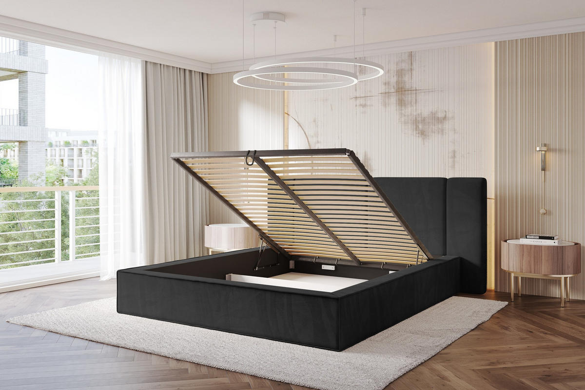POLSTERBETT mit Bettkasten und Lattenrost, Bett mit Matratze H3/H4 - RIVO 120x200 Schwarz - Schwarz, Holzwerkstoff/Textil (120/200cm) - ALTDECOR