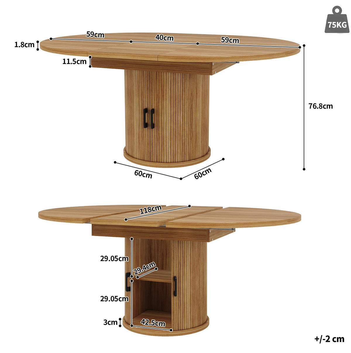 JÍDELNÍ stůl 118-158/118/76,8 cm ořechová z MDF s rozkládací deskou a úložným prostorem - hnědá, kompozitní dřevo (118/118/76.8cm) - OKWISH