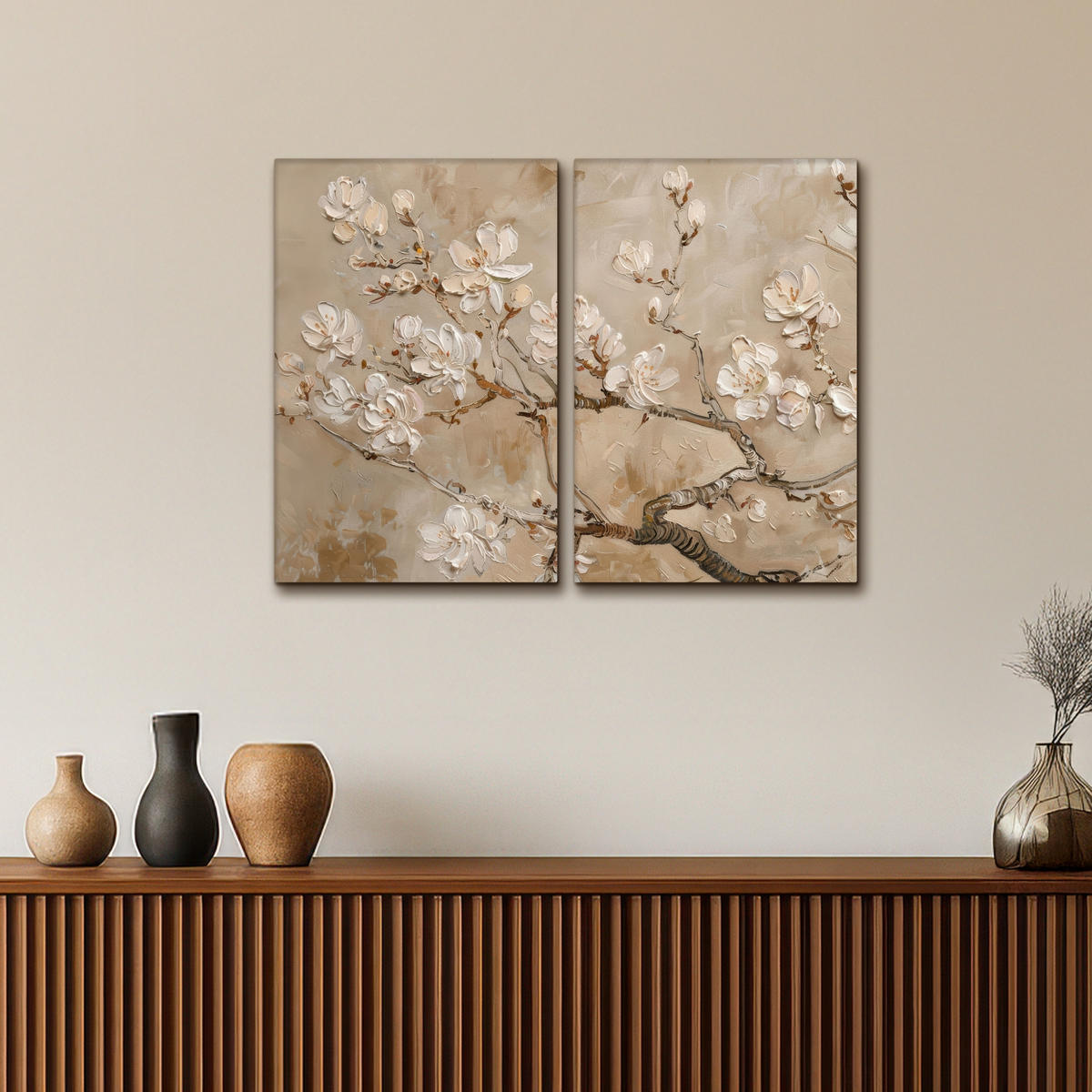LEINWANDBILD 2er Set Beige - Blüte - Modern 80x60 cm - Greige, Textil (80/60cm) - MuchoWow