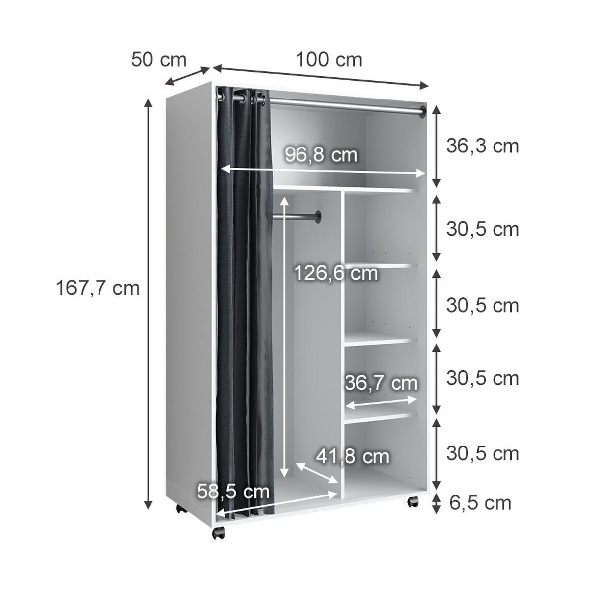 KLEIDERSCHRANK Doros Weiß 100 x 168 cm mit Rollen - Weiß, Holzwerkstoff (100/168/50cm) - Vicco