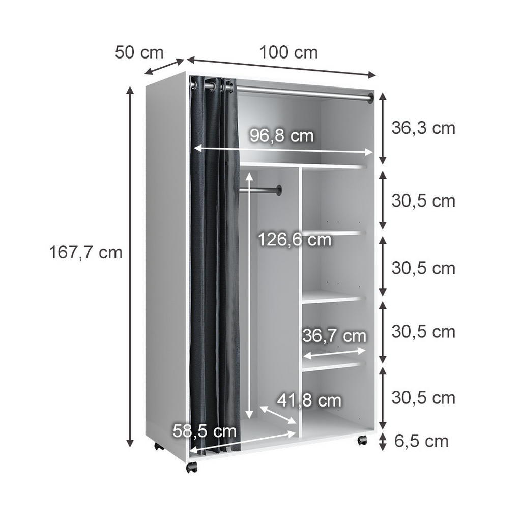 Thumbnail - Vicco Kleiderschrank, Weiß, Holzwerkstoff, 6 Fächer, Rechteckig, 100x168x50 cm, Kinder- & Jugendzimmer, Kindermöbel, Kin...