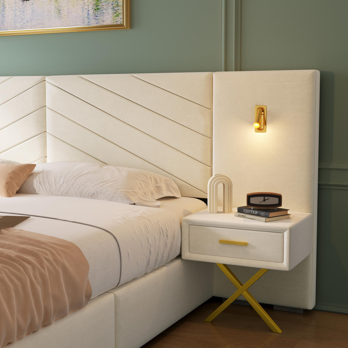 BETT mit Bettkasten und 2 Nachttischen 266 x 205 x 117 cm Beige-Weiß - Beige, Holzwerkstoff (160/200cm) - Beauniv