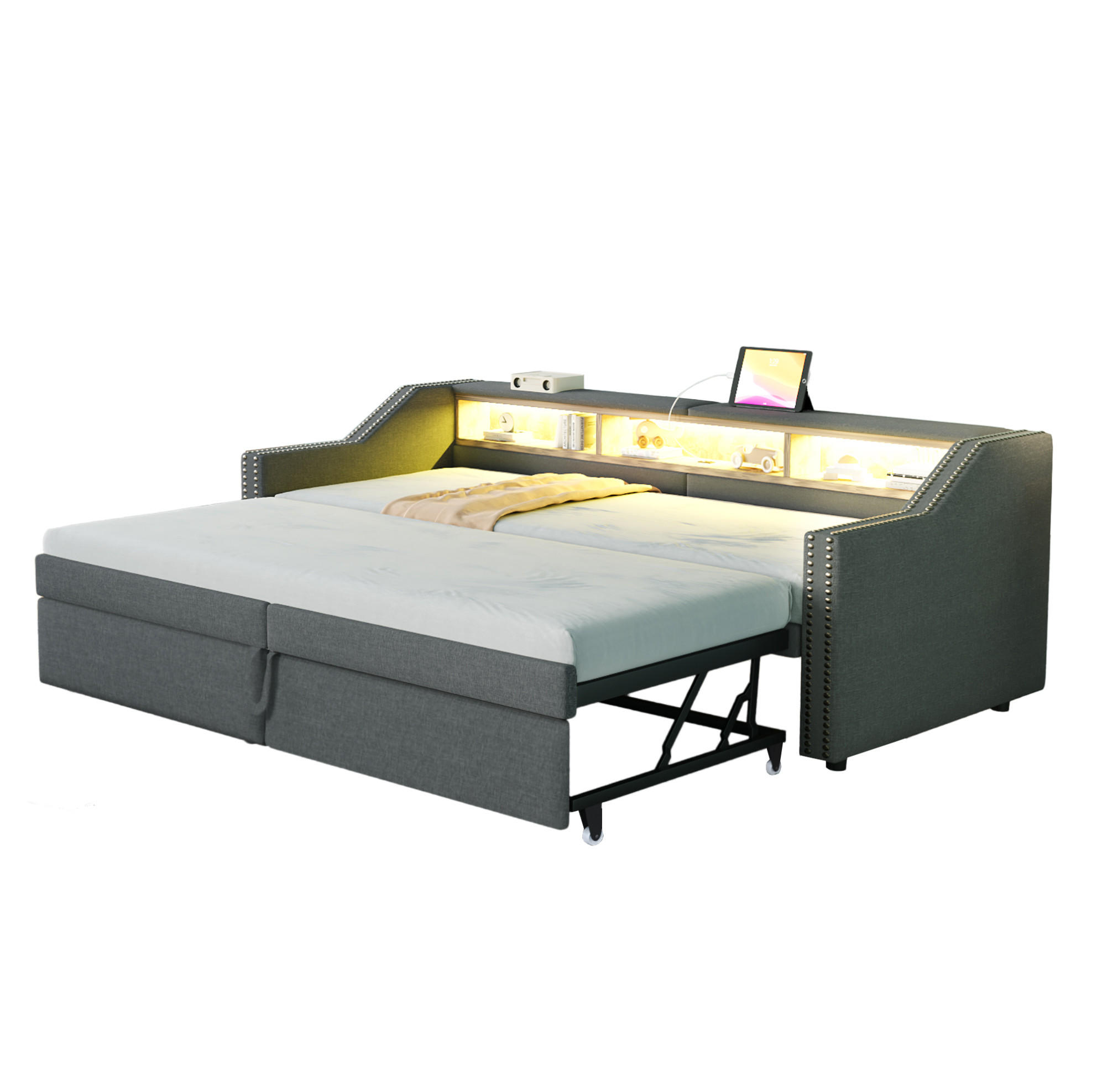 BETT 90/180x200 cm ausziehbar in Dunkelgrau – inkl. Lattenrost & 2 Matratzen - Dunkelgrau, Textil (90/190cm) - BEAOK