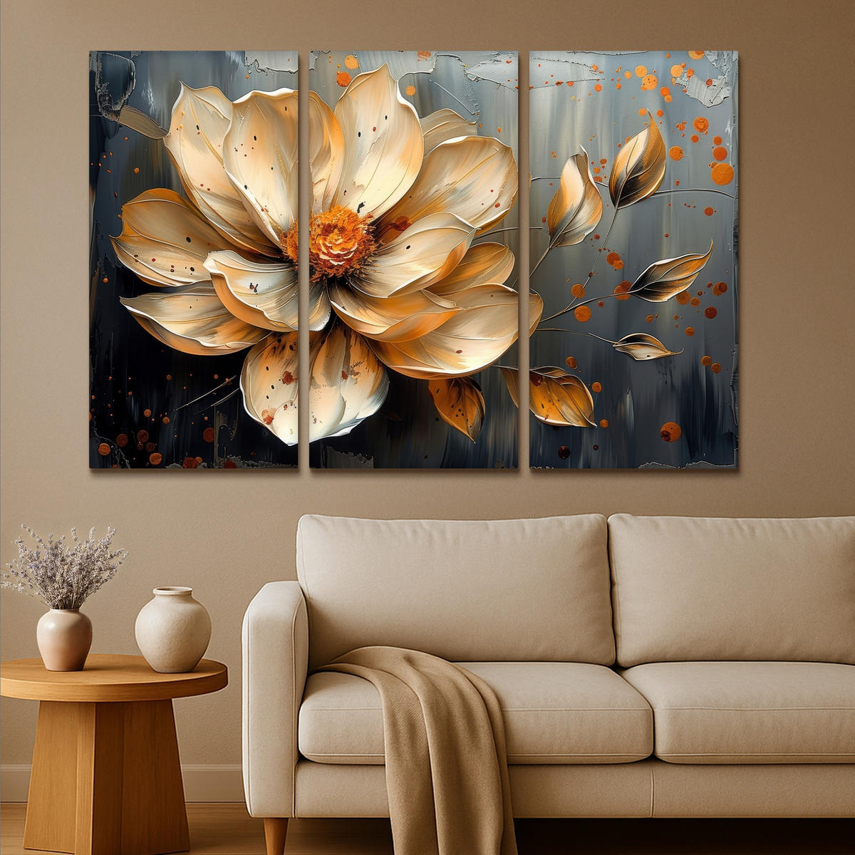 LEINWANDBILD 3er Set Blume - Gold - Abstrakt - Farbe 180x120 cm - Creme, Textil (180/120cm) - MuchoWow