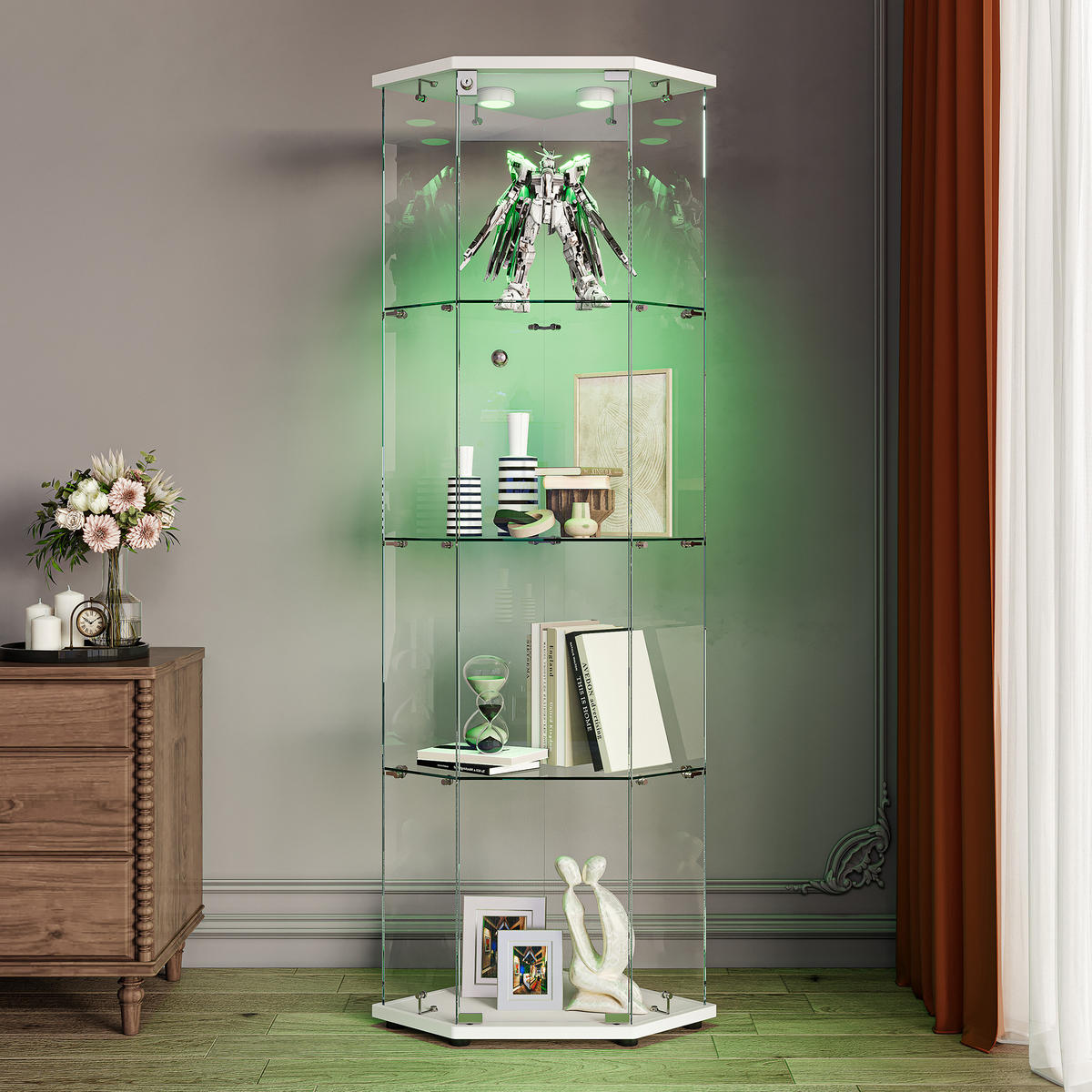 ECKSCHRANK 5-Eck, 1 Tür, 4 Ebenen, LED, weißer Sockel - Weiß, Glas (42.5/162/60cm) - SHOPENTRA