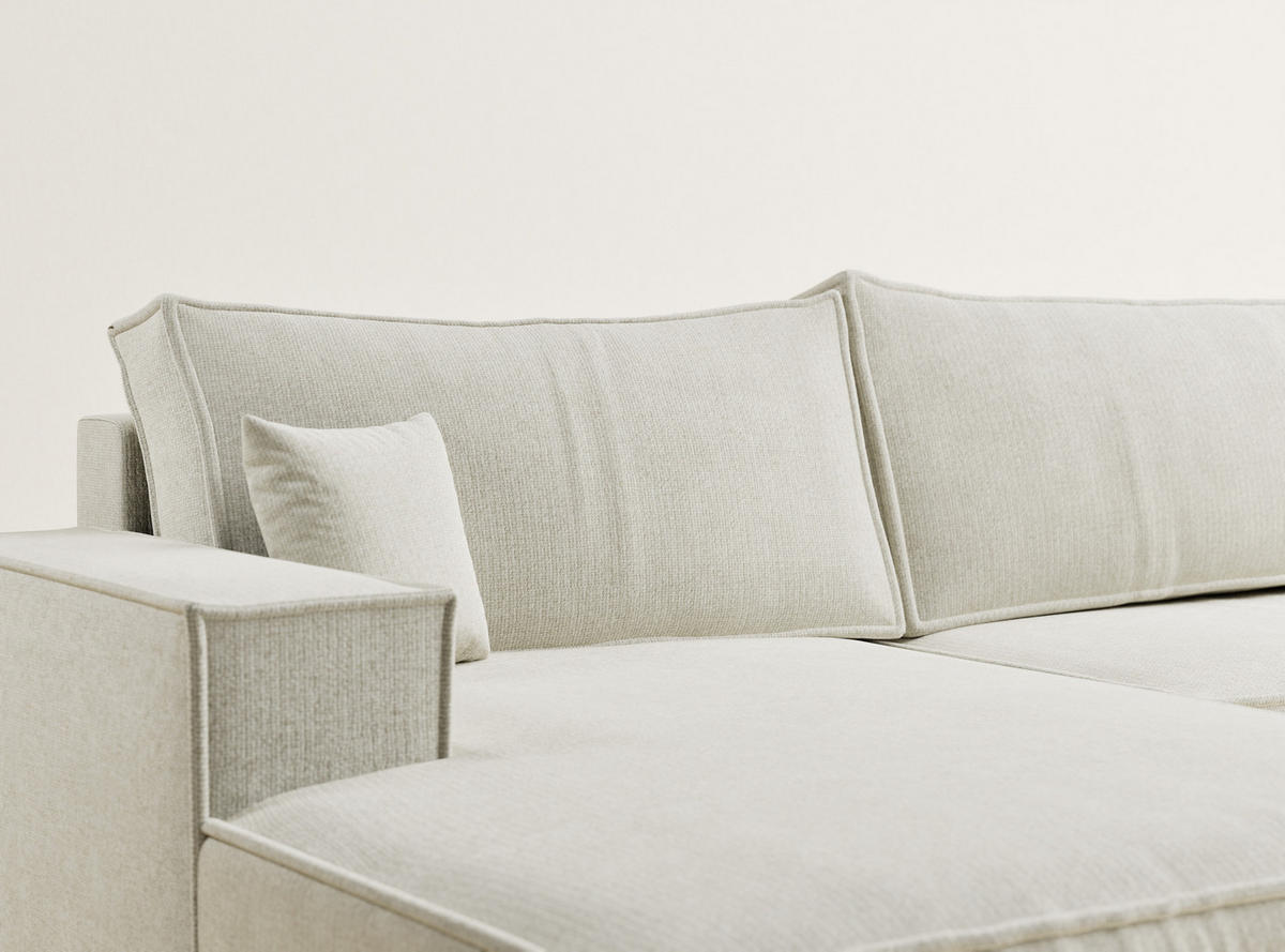 WOHNLANDSCHAFT Kyoto Creme Chenille-Stoff - Creme/Schwarz, Holz/Holzwerkstoff (398/70/148cm) - Maison de Reve