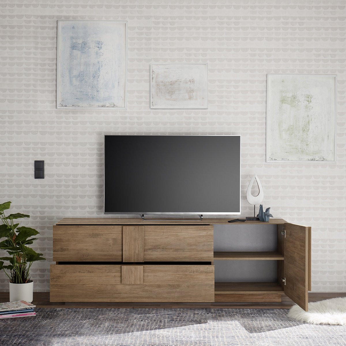 TV-MÖBEL mit 2 Schubladen und 1 Tür L182 cm - Jupiter - Eiche Artisan, Holzwerkstoff (44/63/182cm) - Calicosy