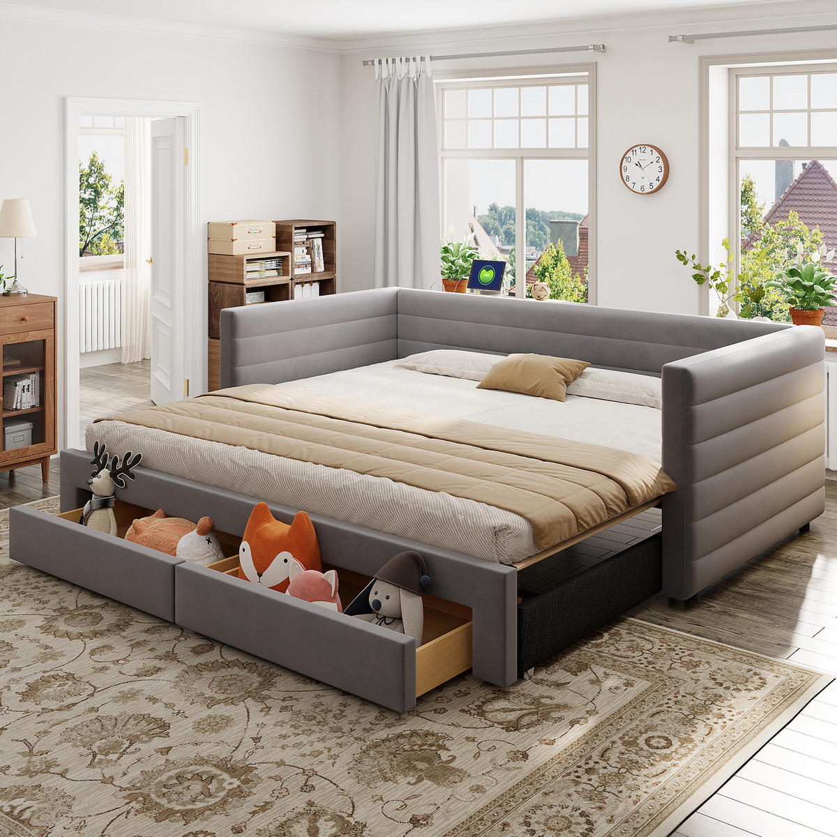 POLSTERBETT 90/190 cm Grau 3-in-1 Polsterschlafsofa mit Stauraumschubladen mit Lattenrost - Grau, Textil (90/190cm) - OKWISH