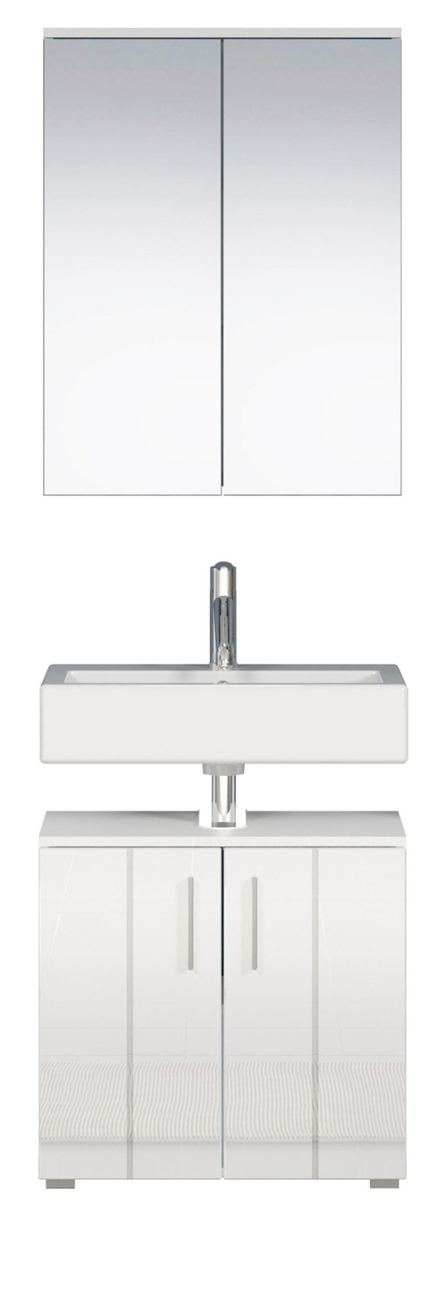 BADMÖBEL-SET weiß Hochglanz 112 x 192 cm 2-teilig, Badezimmer Schränke in modernem Design - Weiß Hochglanz/Silberfarben, Holzwerkstoff/Kunststoff (60/192/32cm) - Top.Furn
