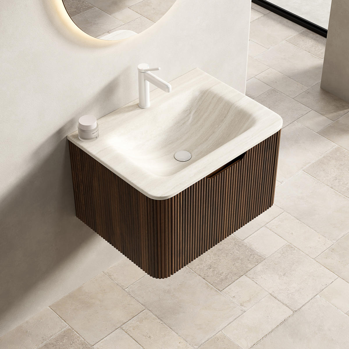 WASCHTISCHKOMBI mit gesintertem Steinbecken 60x46x37.5cm Beige & Nussbaum, LED-Soft-Close - Walnussfarben, Stein (46/37.5/60cm) - Modfu