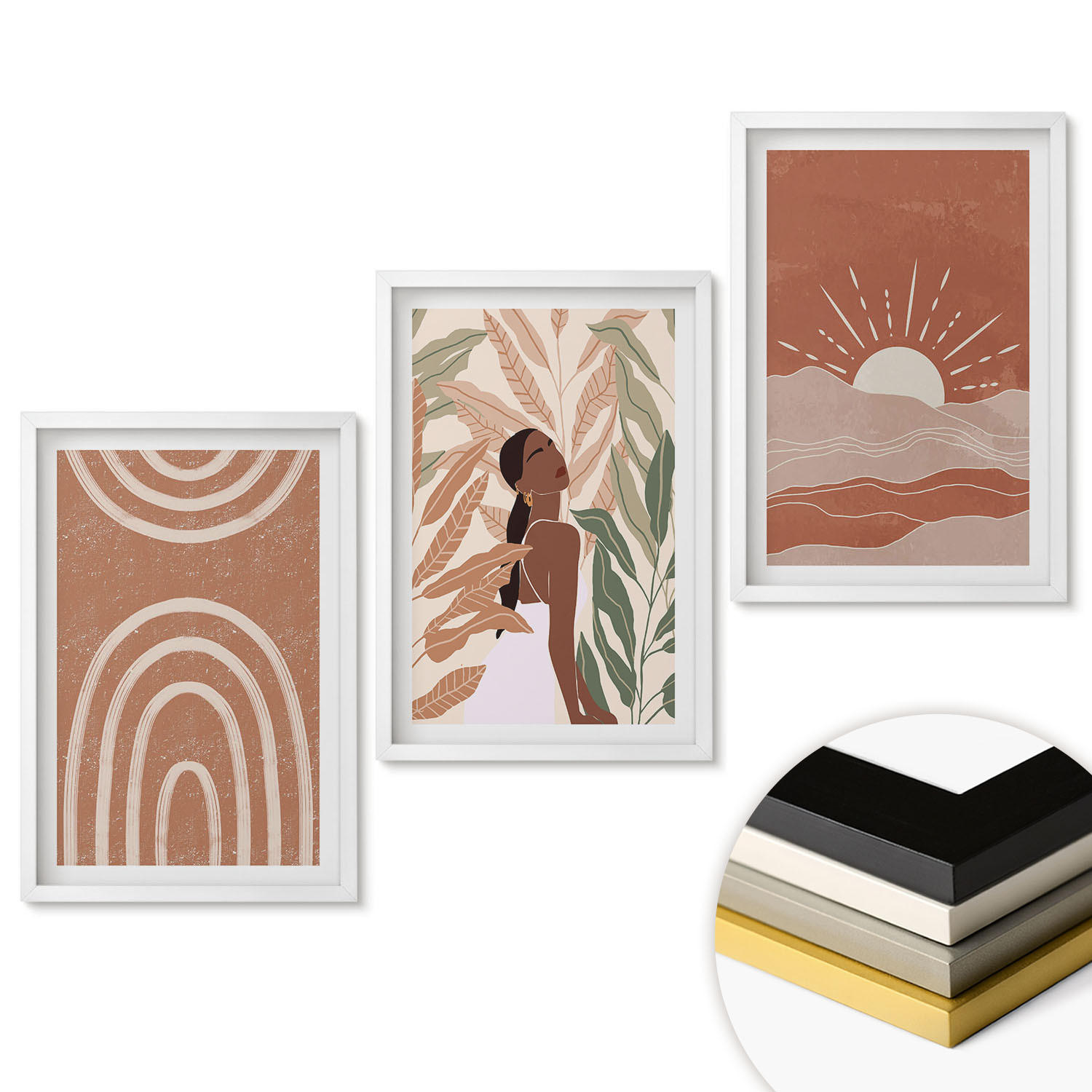 WANDBILDER 3er-Set - 40x60 cm Weißer Rahmen - abstrakte Formen im Boho-Stil - Weiß, Kunststoff (40/60cm) - ArtPrintCave