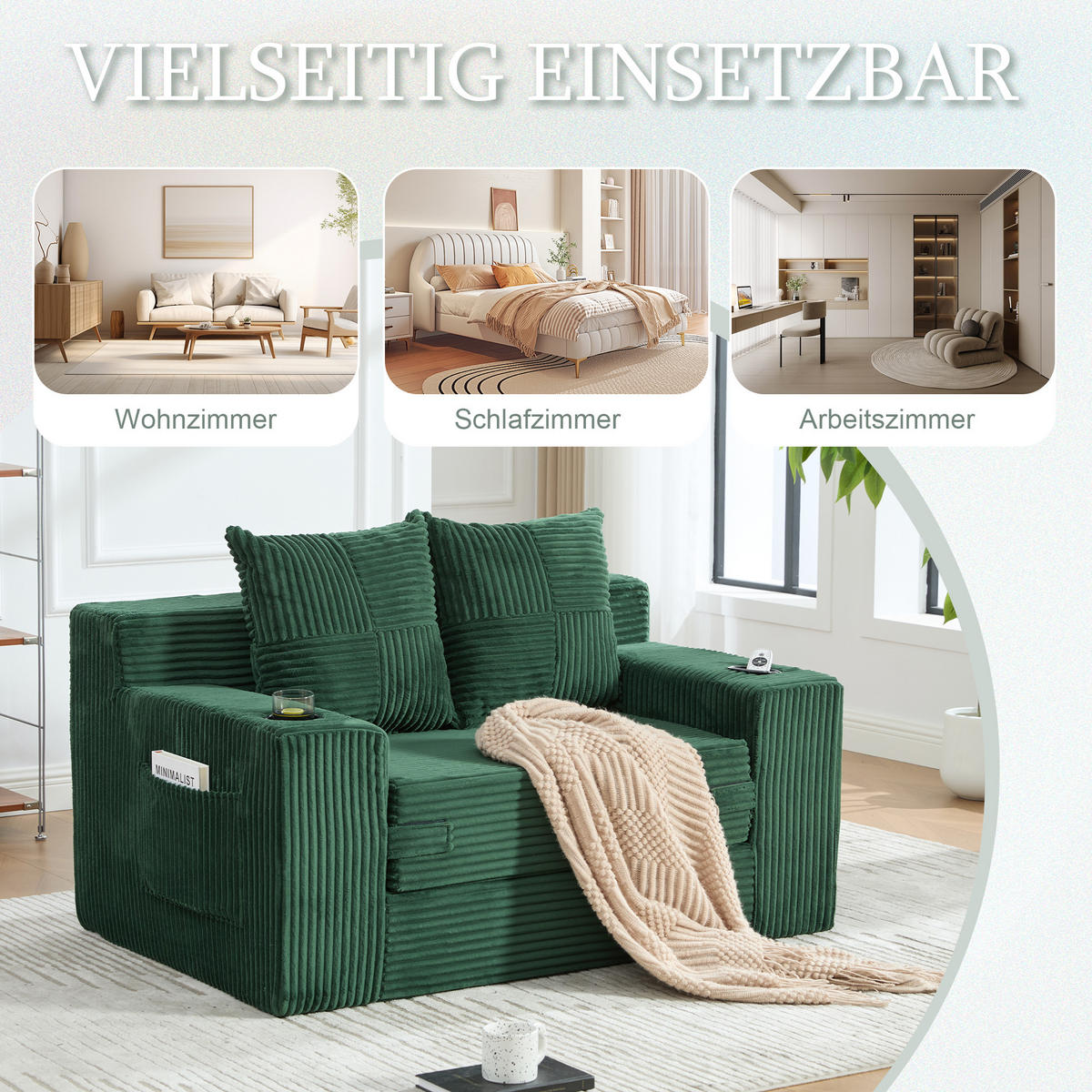 1,5-SITZER ausklappbar, Getränkehalter/Seitentasche, Cord, Grün - Grün, Textil (133/64/87cm) - LVHOM