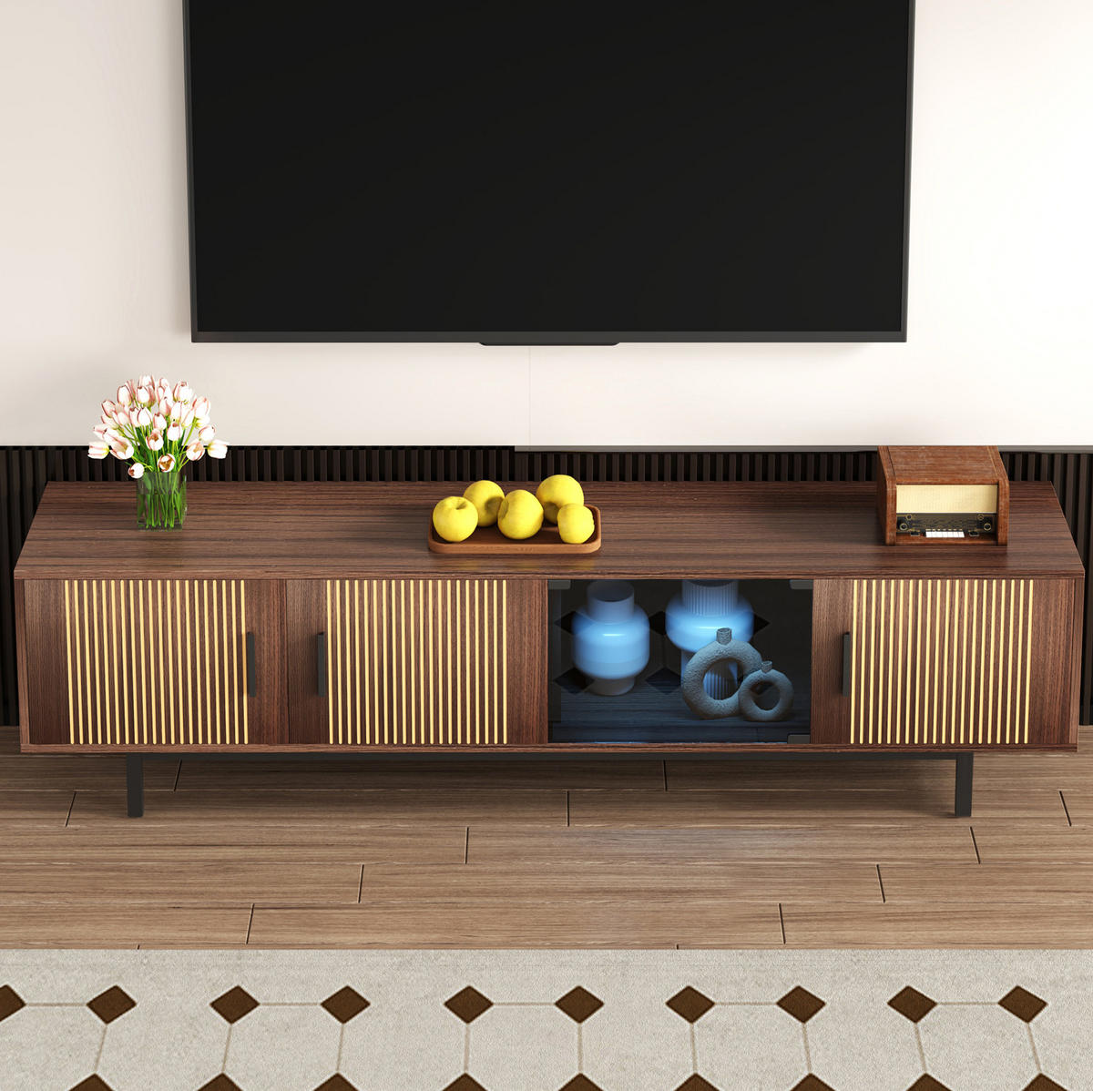 TV-LOWBOARD 200/35/53 cm mit LED-Beleuchtung und Glaselementen - Schwarz, Holzwerkstoff (200/53/35cm) - BEAOK