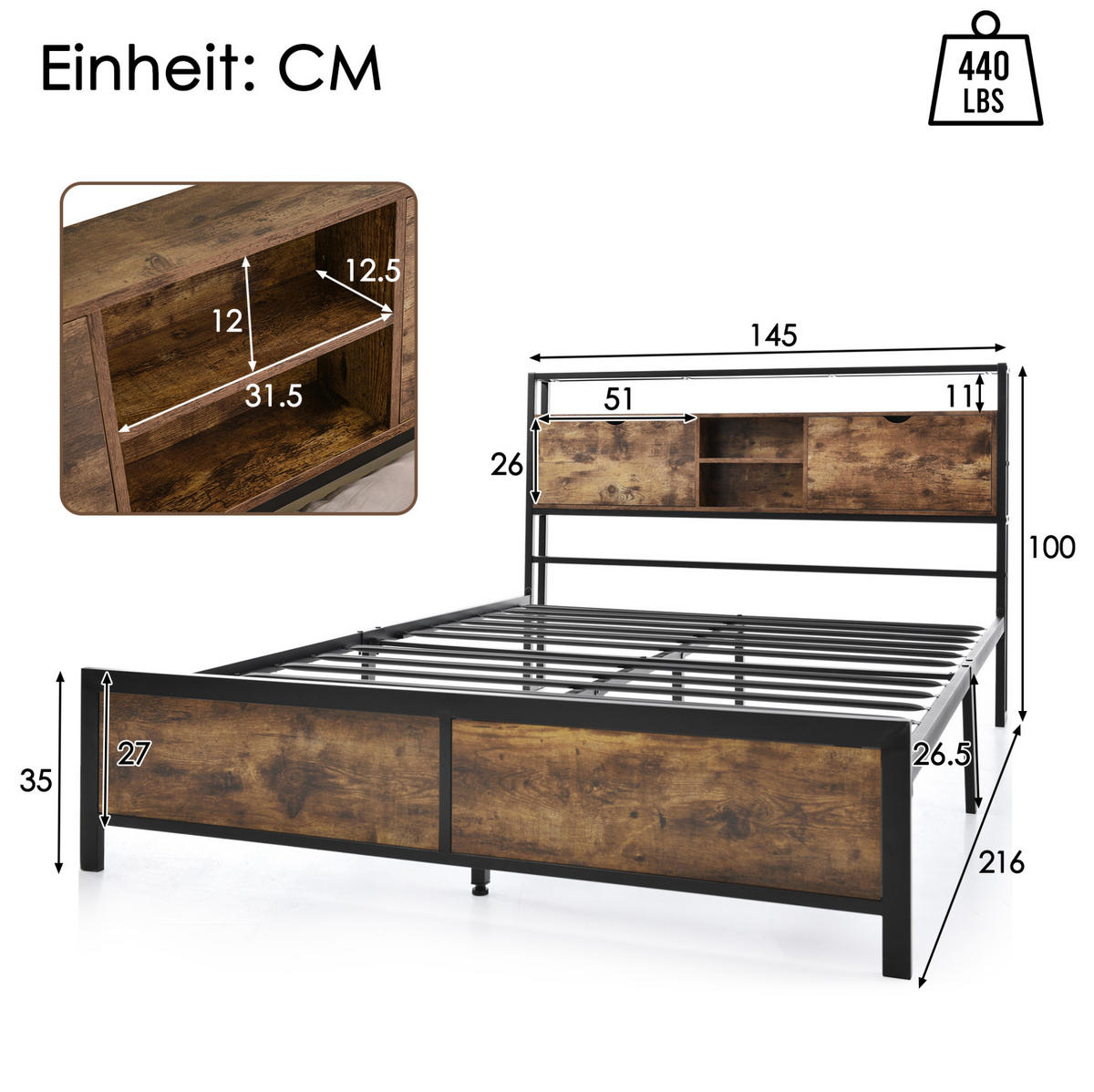 METALLBETT 140/200 cm in Naturfarben mit Stauraum-Kopfteil und Metall-Lattenrost - Naturfarben, Metall (140/200cm) - Flora Grace