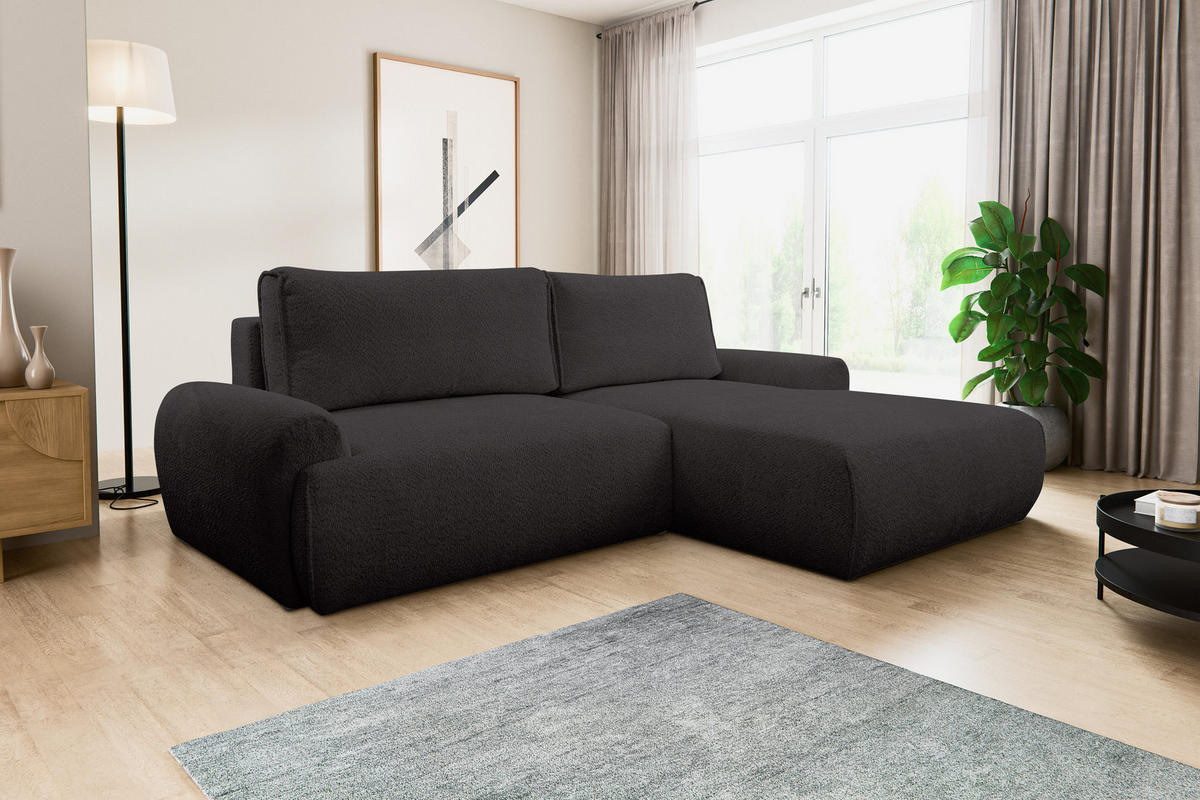 ECKSOFA Moon in L-Form mit Schlaffunktion und Bettkasten, Farbe: Schwarz, Bouclé-Stoff, Ottomane Rechts - Schwarz, Textil (260/136cm) - VENASI MÖBEL