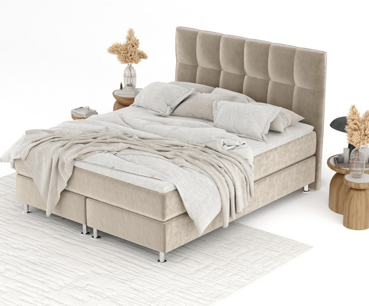 BOXSPRINGBETT Elisio Beige 200/200 cm mit Latex-Topper - Beige/Silberfarben, Holz/Holzwerkstoff (200/200cm) - Maison de Reve