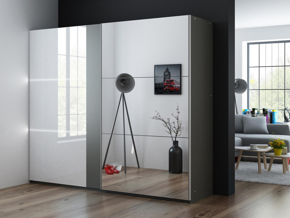 SCHWEBETÜRENSCHRANK RENEKTON 250/215/65 cm 2-türig mit Spiegel Graphitfarben - Graphitfarben, Holzwerkstoff (250/215/65cm) - MASSENO