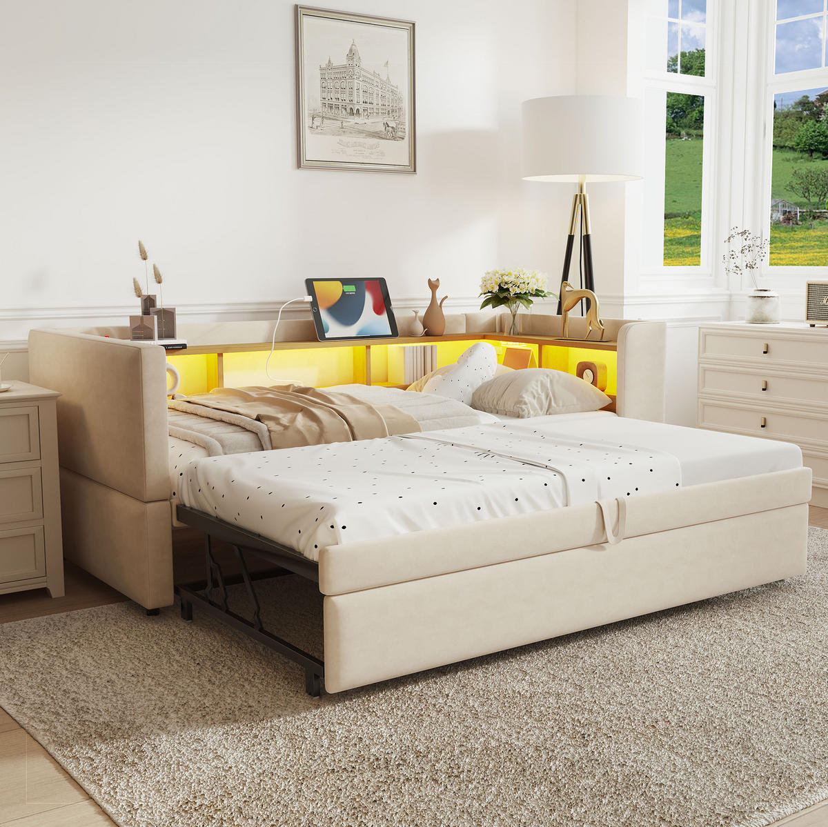 SCHLAFSOFA aus Flanell 90/180x190 cm Beige mit LED-Beleuchtung, Steckdosen und Ablagefächern - Beige, Textil (90/190cm) - IVMEU