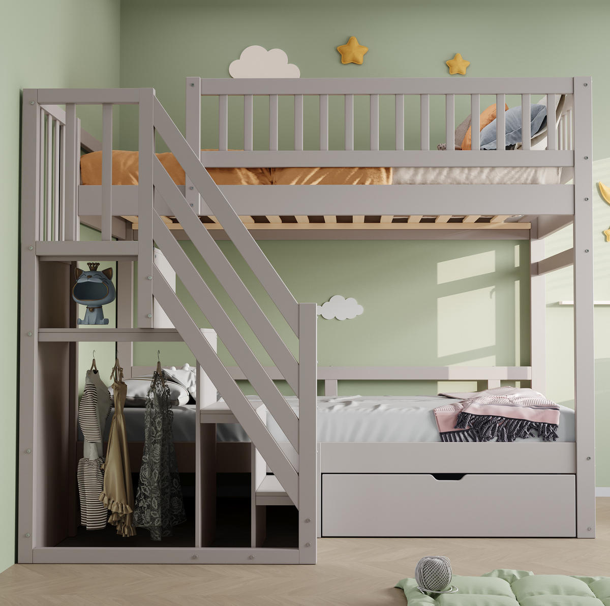 ETAGENBETT 90/200 cm mit Stauraumtreppe, Schublade, Lattenrosten und hohem Sicherheitsgeländer, Grau - Grau, Holzwerkstoff (90/200cm) - Redom