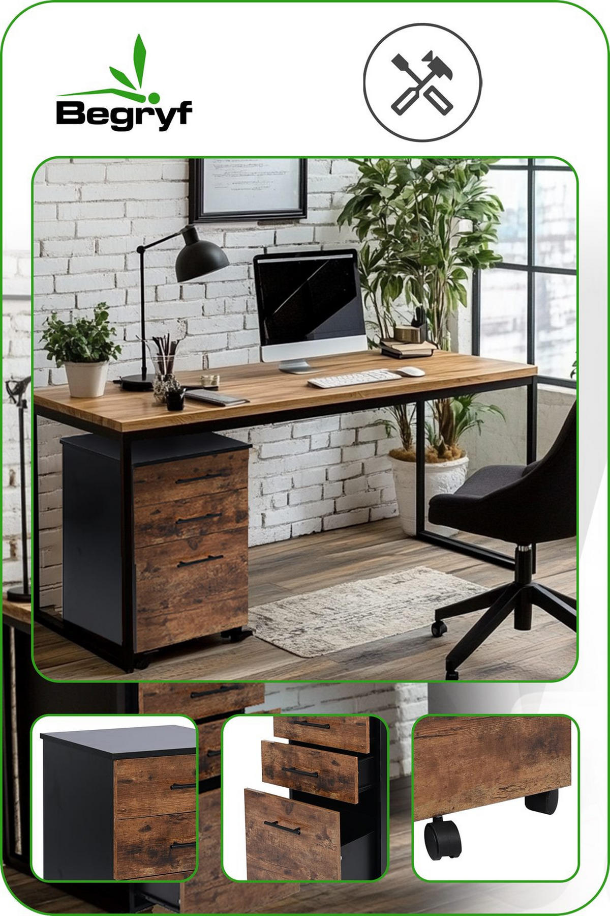 ROLLCONTAINER Holzoptik Schwarz Dunkelbraun 3 Schubladen 40x42x72 cm - Dunkelbraun/Schwarz, Holzwerkstoff/Metall (42/72/40cm) - Begryf