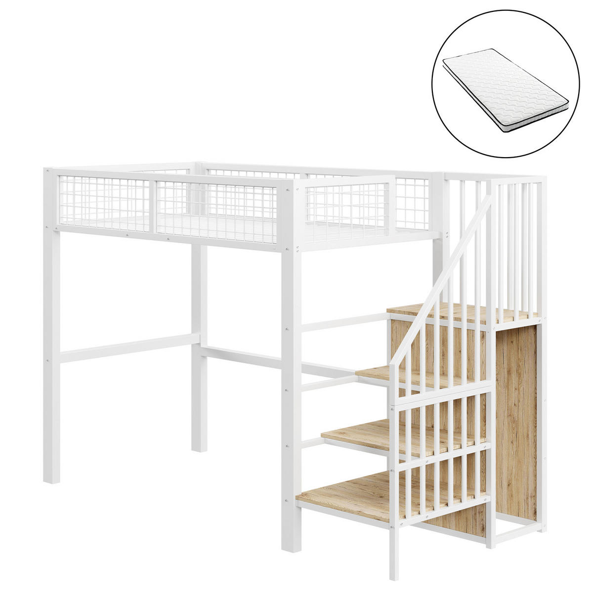 HOCHBETT 90/200 cm Weiß mit Sicherheitsleiter und Kleiderschrank mit Matratze - Weiß, Metall (90/200cm) - OKWISH