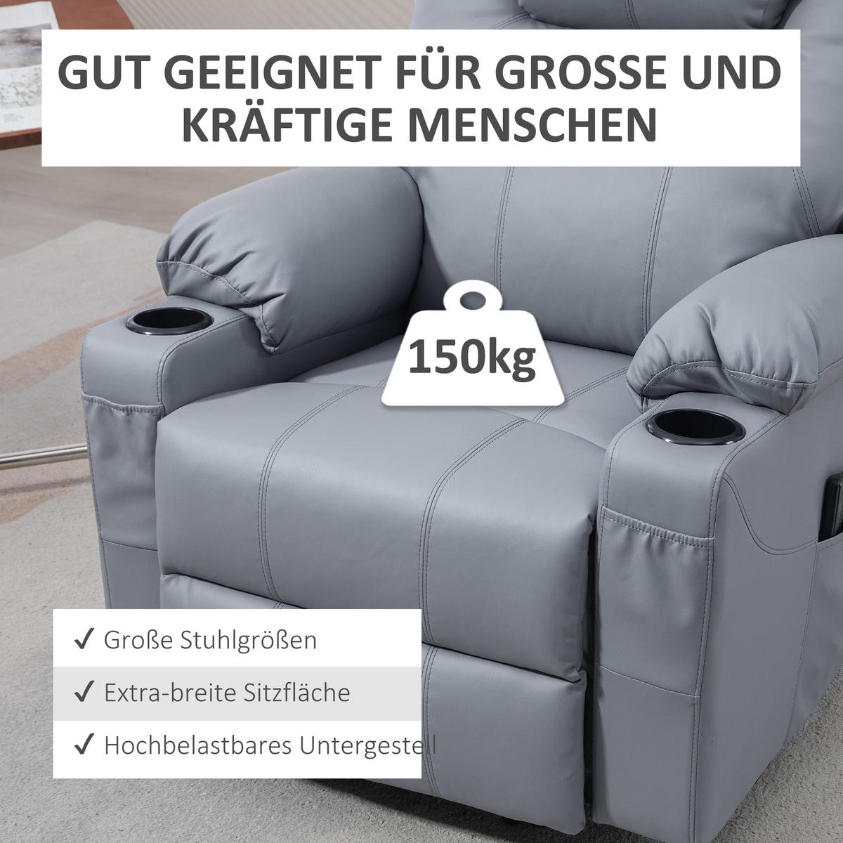 SESSEL mit Aufstehhilfe, Grau - Grau, Kunststoff (99/106/88cm) - HOMCOM